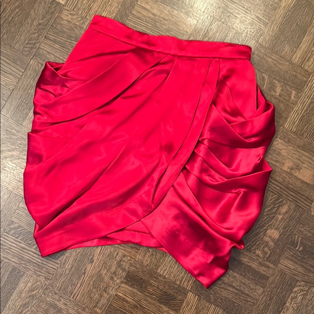 Balmain x H&M red silk draped tulip mini skirt size 4